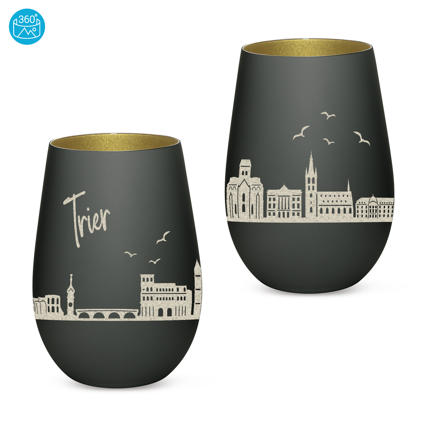 Hochwertiges Glas Windlicht mit Gravur "SKYLINE TRIER" in der Farbe Schwarz/Gold
