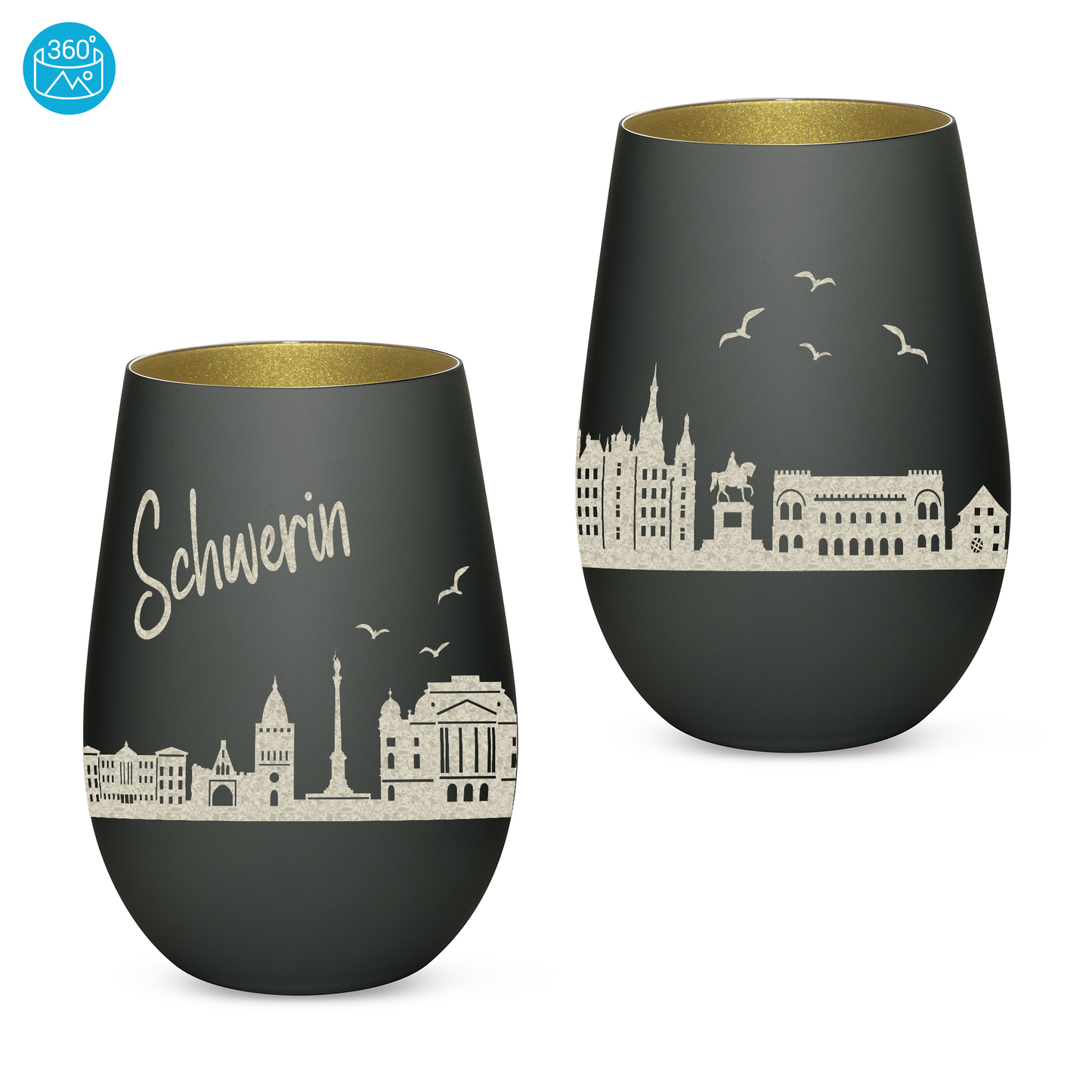 Hochwertiges Glas Windlicht mit Gravur "SKYLINE SCHWERIN" in der Farbe Schwarz/Gold