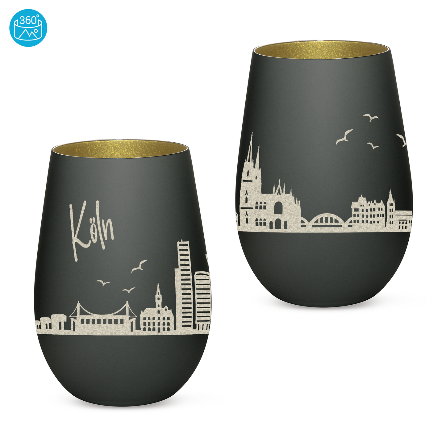 Hochwertiges Glas Windlicht mit Gravur "SKYLINE KÖLN" in der Farbe Schwarz/Gold