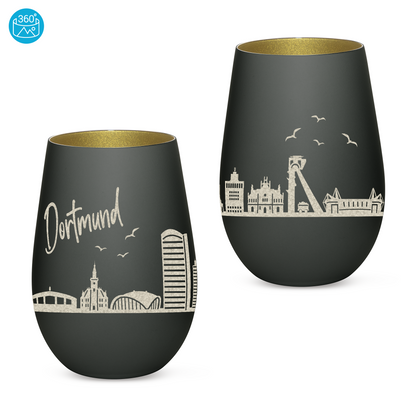 Hochwertiges Glas Windlicht mit Gravur "SKYLINE DORTMUND" in der Farbe Schwarz/Gold