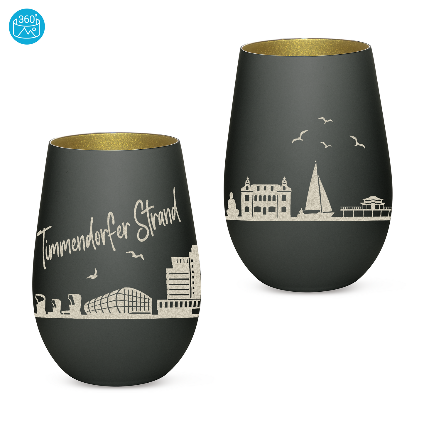 Hochwertiges Glas Windlicht mit Gravur "SKYLINE TIMMENDORFER STRAND" in der Farbe Schwarz/Gold