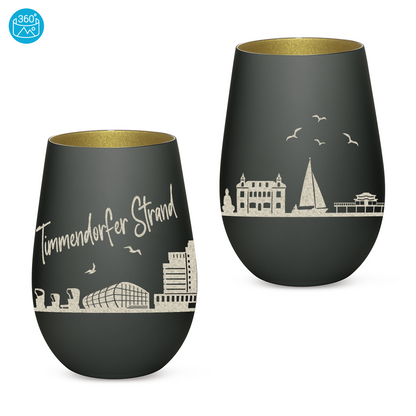 Hochwertiges Glas Windlicht mit Gravur "SKYLINE TIMMENDORFER STRAND" in der Farbe Schwarz/Gold