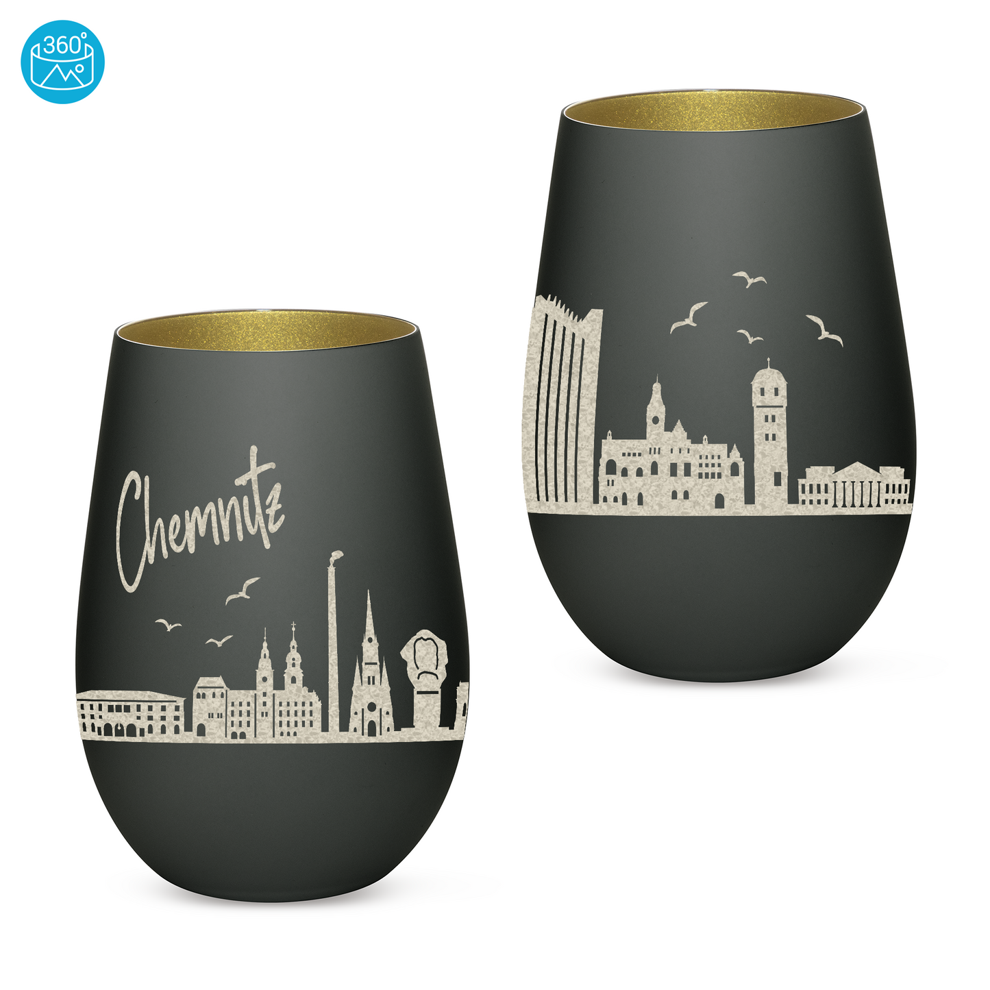 Hochwertiges Glas Windlicht mit Gravur "SKYLINE CHEMNITZ" in der Farbe Schwarz/Gold