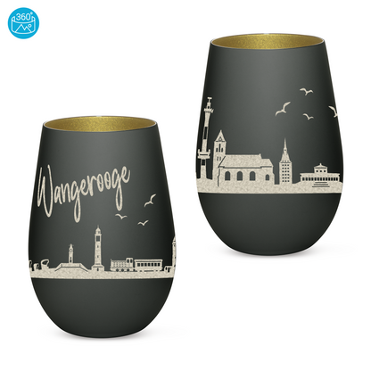 Hochwertiges Glas Windlicht mit Gravur "SKYLINE WANGEROOGE" in der Farbe Schwarz/Gold