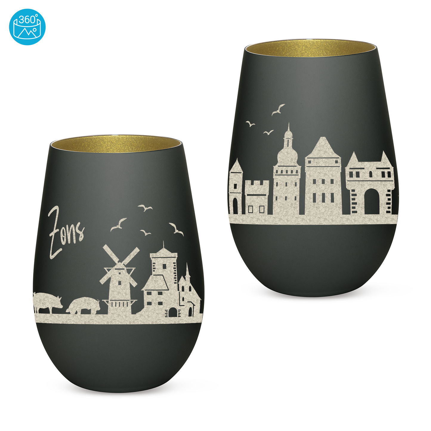 Hochwertiges Glas Windlicht mit Gravur "SKYLINE ZONS (DORMAGEN)" in der Farbe Schwarz/Gold