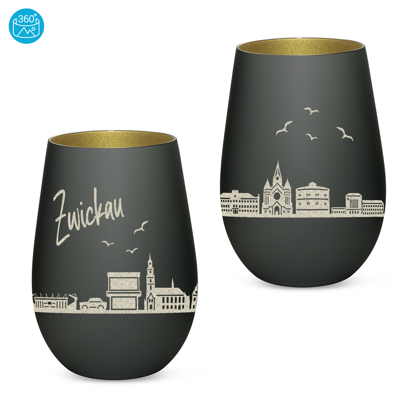 Hochwertiges Glas Windlicht mit Gravur "SKYLINE ZWICKAU" in der Farbe Schwarz/Gold