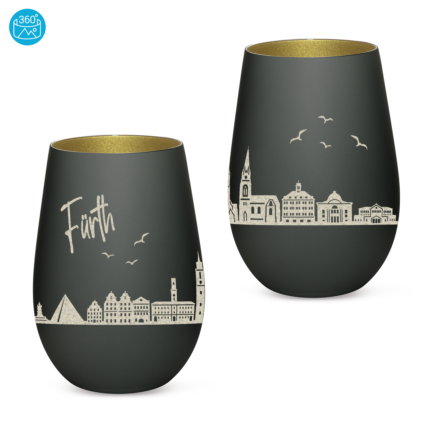 Hochwertiges Glas Windlicht mit Gravur "SKYLINE FÜRTH" in der Farbe Schwarz/Gold
