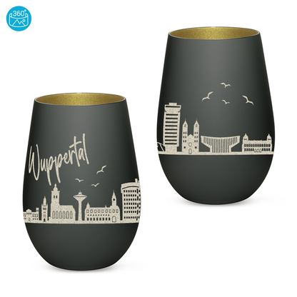 Hochwertiges Glas Windlicht mit Gravur "SKYLINE WUPPERTAL" in der Farbe Schwarz/Gold