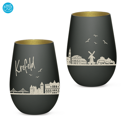 Hochwertiges Glas Windlicht mit Gravur "SKYLINE KREFELD" in der Farbe Schwarz/Gold