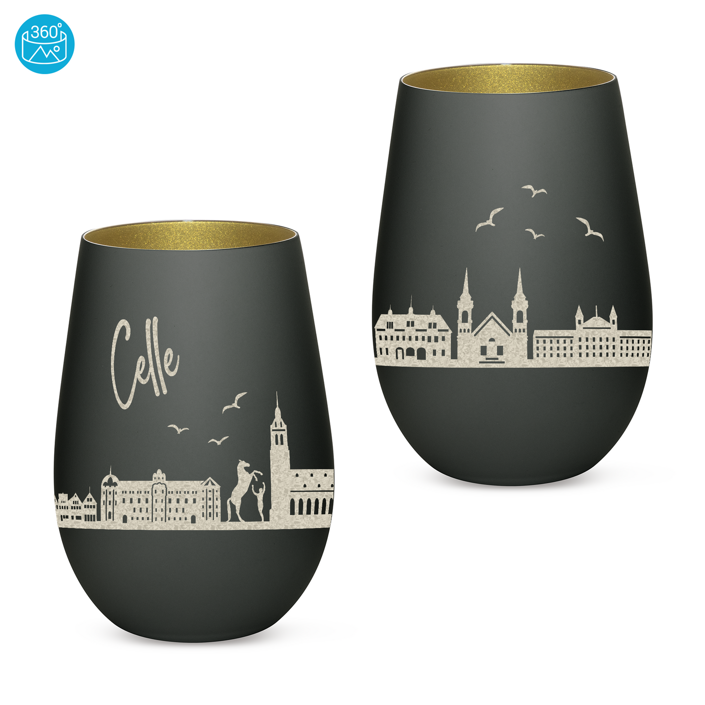Hochwertiges Glas Windlicht mit Gravur "SKYLINE CELLE" in der Farbe Schwarz/Gold