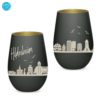 Hochwertiges Glas Windlicht mit Gravur "SKYLINE HILDESHEIM" in der Farbe Schwarz/Gold