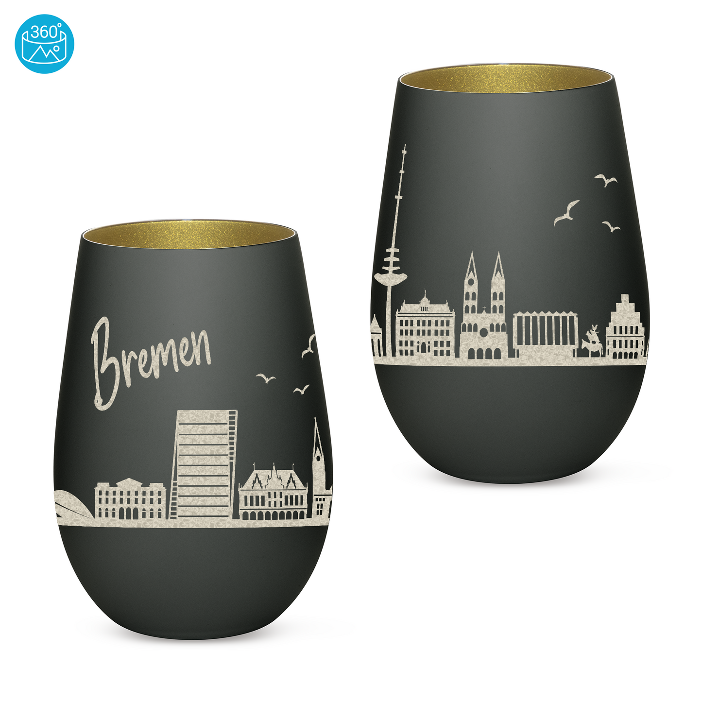 Hochwertiges Glas Windlicht mit Gravur "SKYLINE BREMEN" in der Farbe Schwarz/Gold