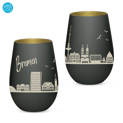 Hochwertiges Glas Windlicht mit Gravur "SKYLINE BREMEN" in der Farbe Schwarz/Gold