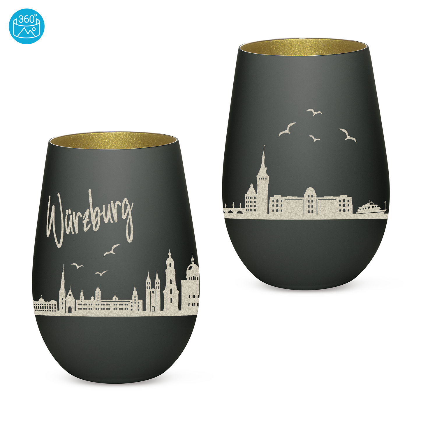 Hochwertiges Glas Windlicht mit Gravur "SKYLINE WÜRZBURG" in der Farbe Schwarz/Gold
