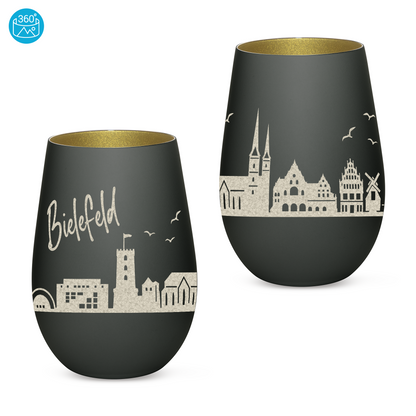 Hochwertiges Glas Windlicht mit Gravur "SKYLINE BIELEFELD" in der Farbe Schwarz/Gold