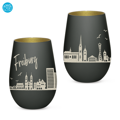 Hochwertiges Glas Windlicht mit Gravur "SKYLINE FREIBURG" in der Farbe Schwarz/Gold