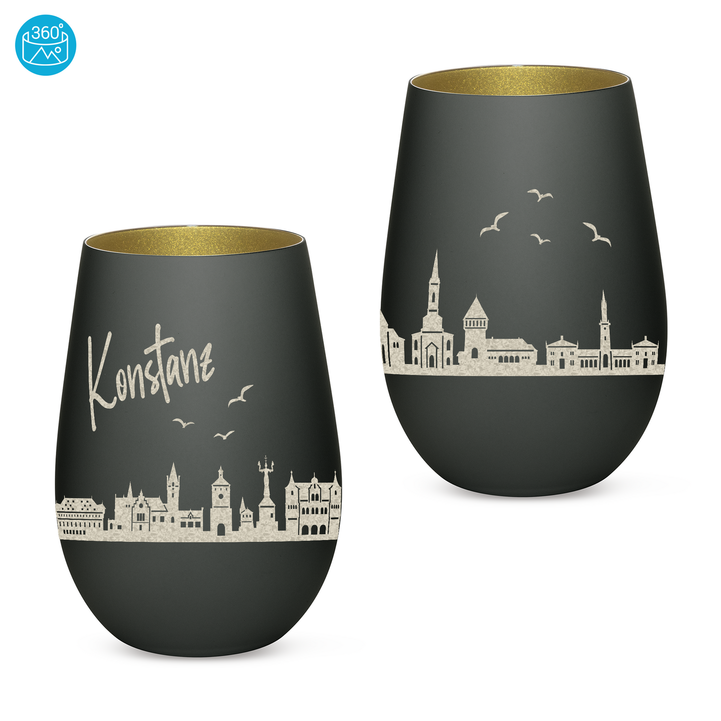 Hochwertiges Glas Windlicht mit Gravur "SKYLINE KONSTANZ" in der Farbe Schwarz/Gold