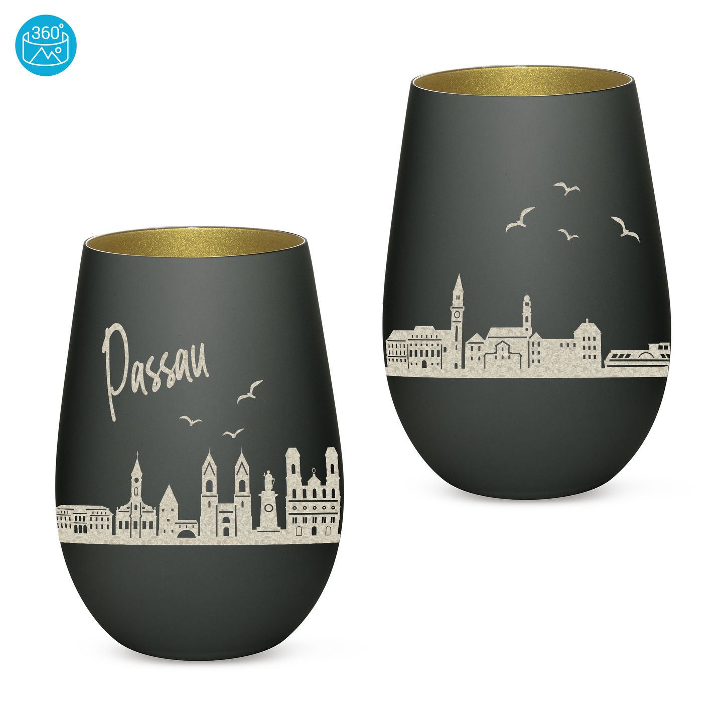 Hochwertiges Glas Windlicht mit Gravur "SKYLINE PASSAU" in der Farbe Schwarz/Gold