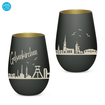 Hochwertiges Glas Windlicht mit Gravur "SKYLINE GELSENKIRCHEN" in der Farbe Schwarz/Gold