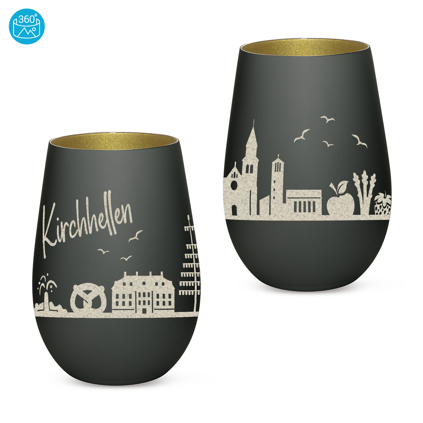 Hochwertiges Glas Windlicht mit Gravur "SKYLINE KIRCHHELLEN" in der Farbe Schwarz/Gold