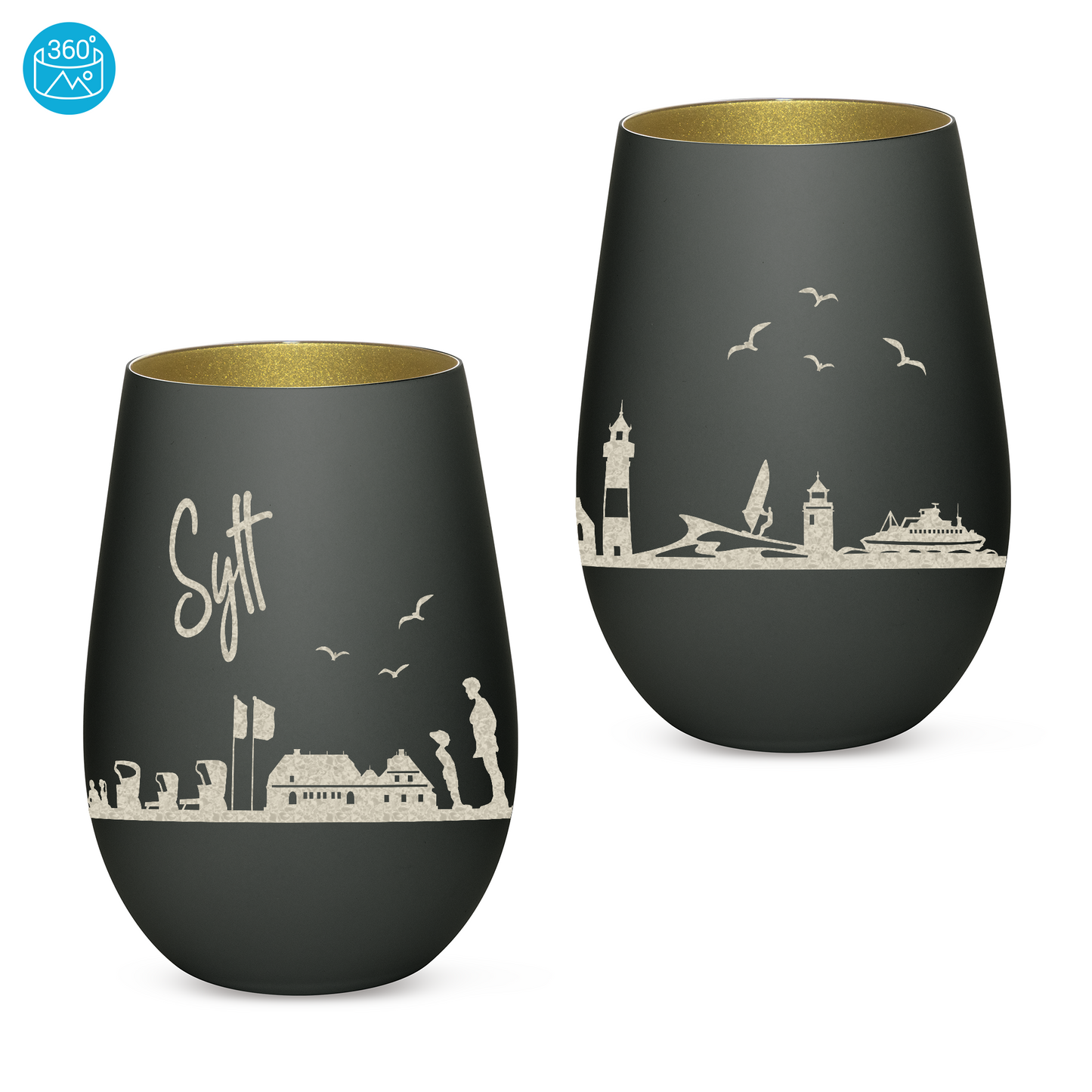 Hochwertiges Glas Windlicht mit Gravur "SKYLINE SYLT" in der Farbe Schwarz/Gold