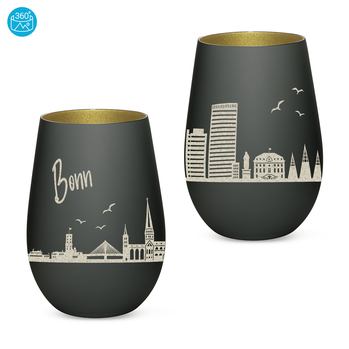 Hochwertiges Glas Windlicht mit Gravur "SKYLINE BONN" in der Farbe Schwarz/Gold