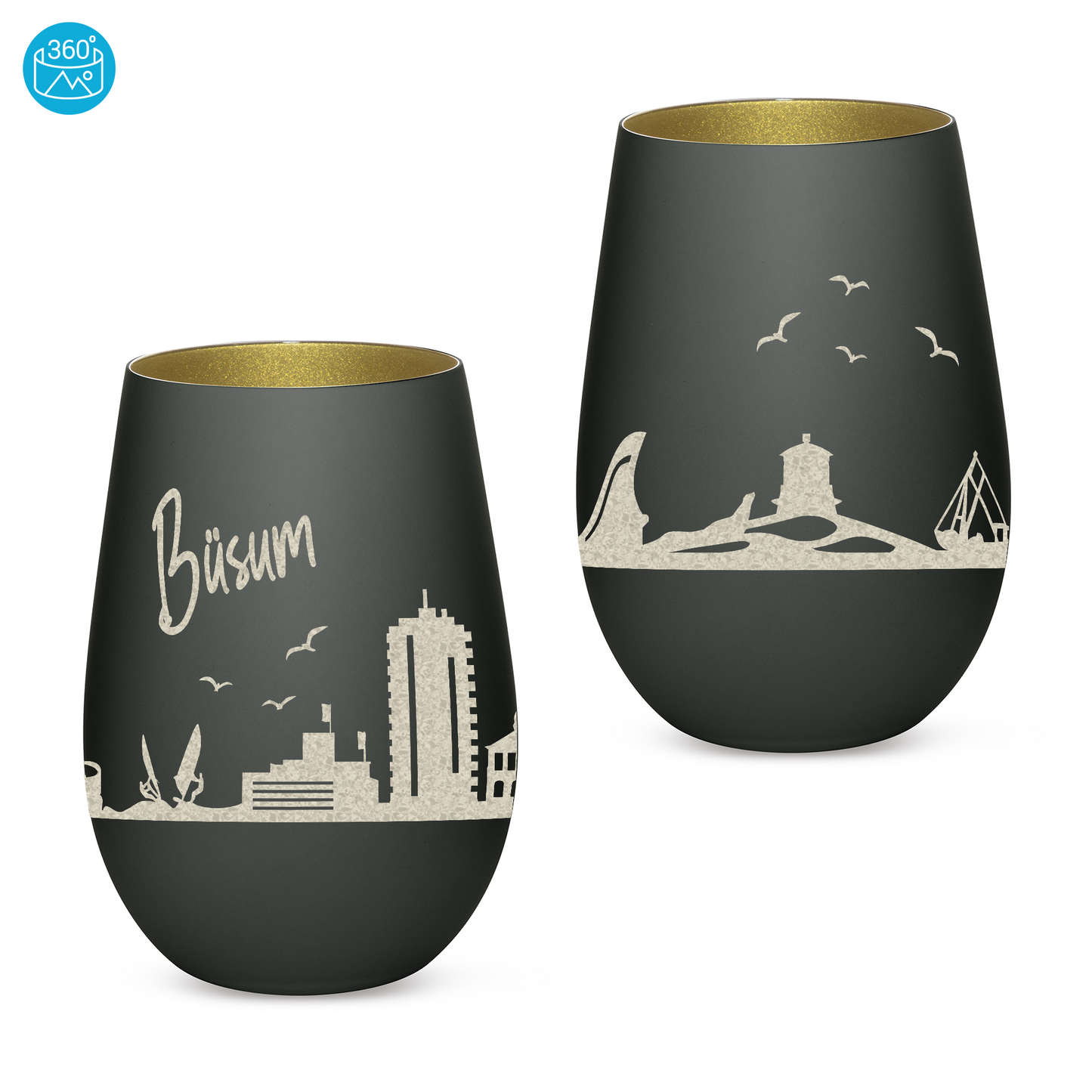 Hochwertiges Glas Windlicht mit Gravur "SKYLINE BÜSUM" in der Farbe Schwarz/Gold