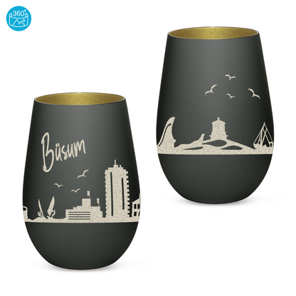 Hochwertiges Glas Windlicht mit Gravur "SKYLINE BÜSUM" in der Farbe Schwarz/Gold