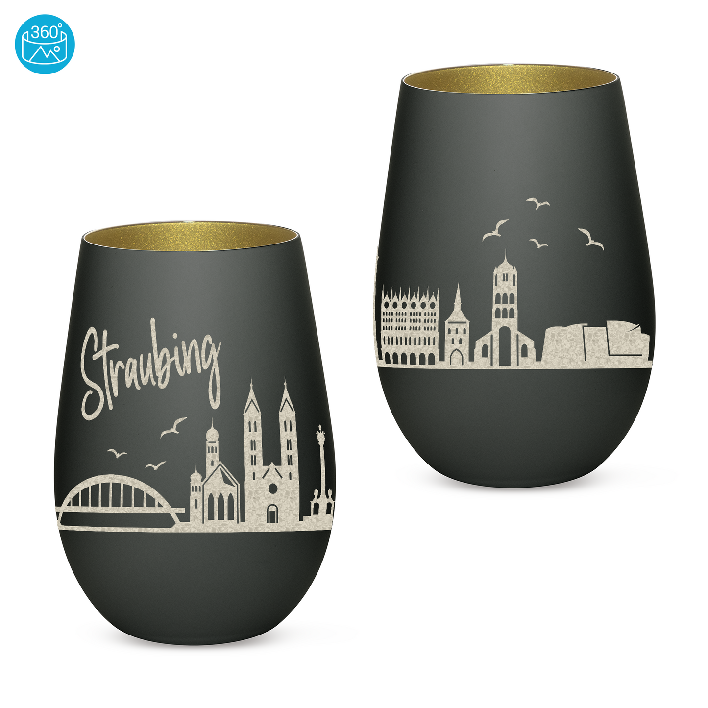 Hochwertiges Glas Windlicht mit Gravur "SKYLINE STRAUBING" in der Farbe Schwarz/Gold