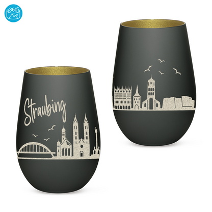 Hochwertiges Glas Windlicht mit Gravur "SKYLINE STRAUBING" in der Farbe Schwarz/Gold