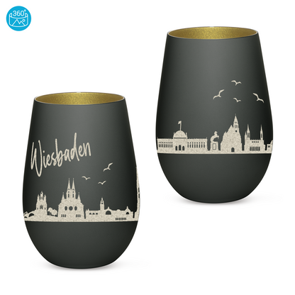 Hochwertiges Glas Windlicht mit Gravur "SKYLINE WIESBADEN" in der Farbe Schwarz/Gold