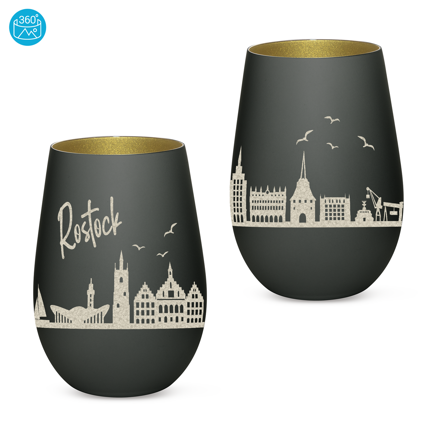 Hochwertiges Glas Windlicht mit Gravur "SKYLINE ROSTOCK" in der Farbe Schwarz/Gold