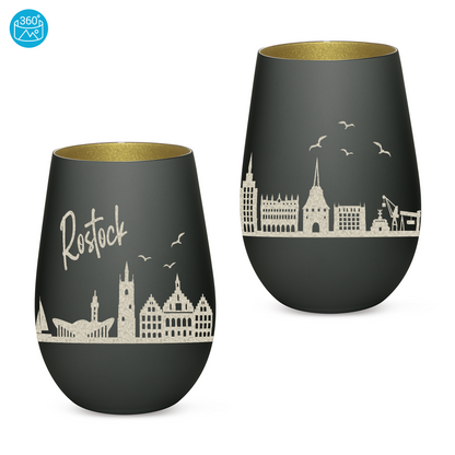 Hochwertiges Glas Windlicht mit Gravur "SKYLINE ROSTOCK" in der Farbe Schwarz/Gold