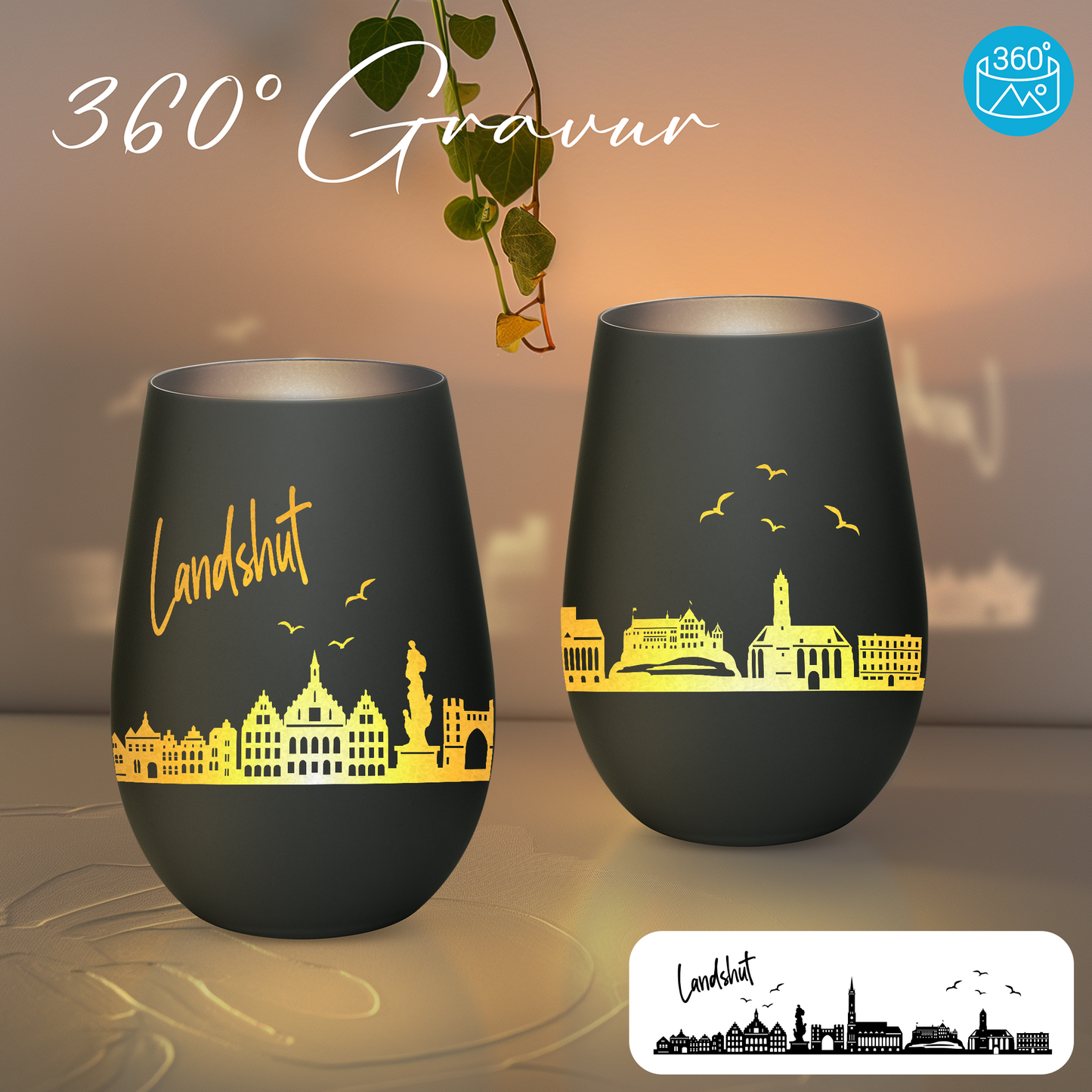 Hochwertiges Glas Windlicht mit Gravur "SKYLINE LANDSHUT" in der Farbe Schwarz/Silber
