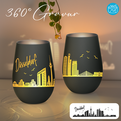 Hochwertiges Glas Windlicht mit Gravur "SKYLINE DÜSSELDORF" in der Farbe Schwarz/Silber