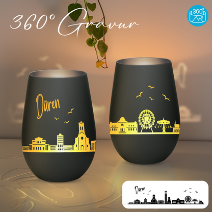 Hochwertiges Glas Windlicht mit Gravur "SKYLINE DÜREN" in der Farbe Schwarz/Silber