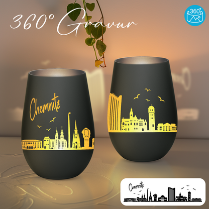 Hochwertiges Glas Windlicht mit Gravur "SKYLINE CHEMNITZ" in der Farbe Schwarz/Silber