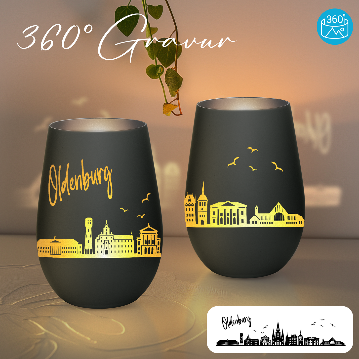 Hochwertiges Glas Windlicht mit Gravur "SKYLINE OLDENBURG" in der Farbe Schwarz/Silber
