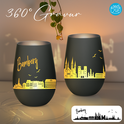 Hochwertiges Glas Windlicht mit Gravur "SKYLINE BAMBERG" in der Farbe Schwarz/Silber