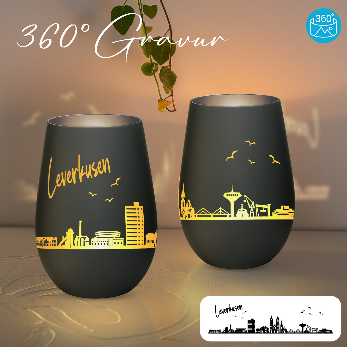Hochwertiges Glas Windlicht mit Gravur "SKYLINE LEVERKUSEN" in der Farbe Schwarz/Silber