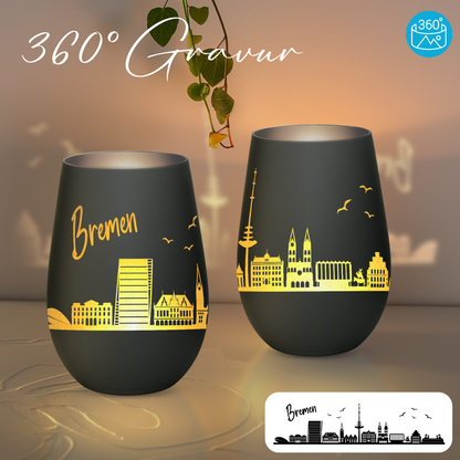 Hochwertiges Glas Windlicht mit Gravur "SKYLINE BREMEN" in der Farbe Schwarz/Silber