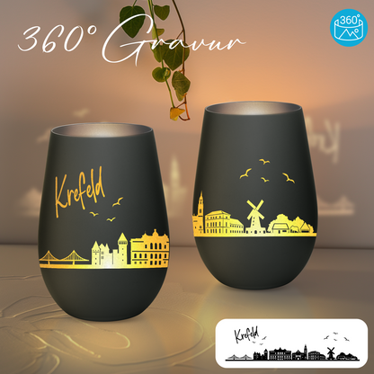 Hochwertiges Glas Windlicht mit Gravur "SKYLINE KREFELD" in der Farbe Schwarz/Silber