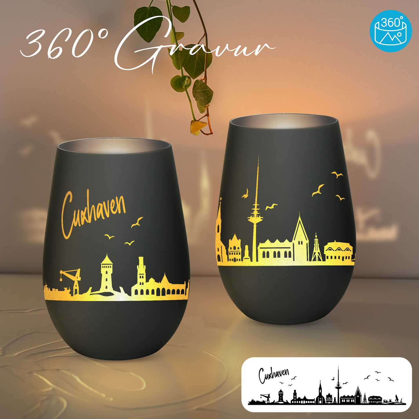 Hochwertiges Glas Windlicht mit Gravur "SKYLINE CUXHAVEN" in der Farbe Schwarz/Silber