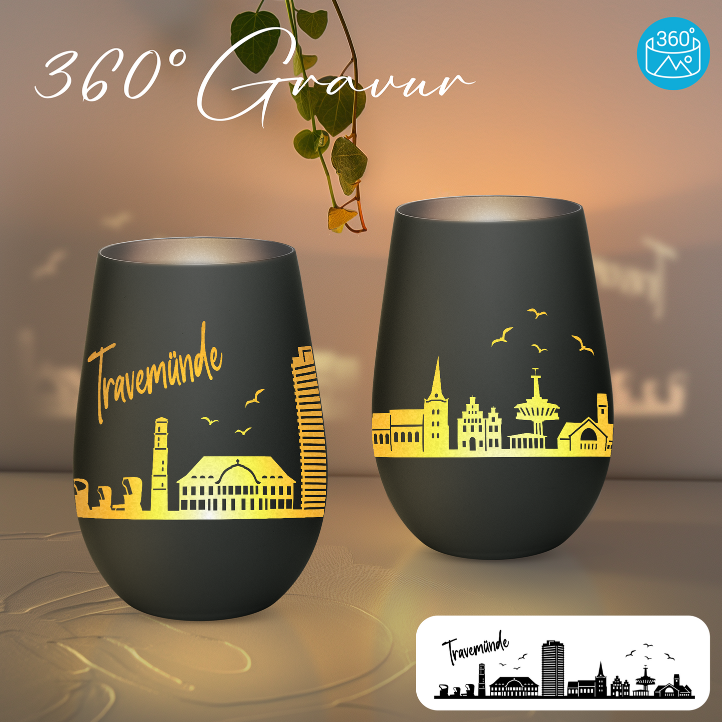 Hochwertiges Glas Windlicht mit Gravur "SKYLINE TRAVEMÜNDE" in der Farbe Schwarz/Silber