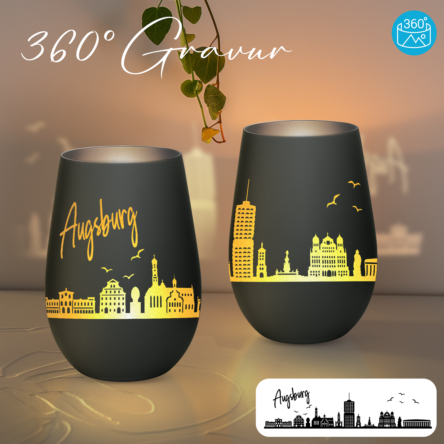 Hochwertiges Glas Windlicht mit Gravur "SKYLINE AUGSBURG" in der Farbe Schwarz/Silber