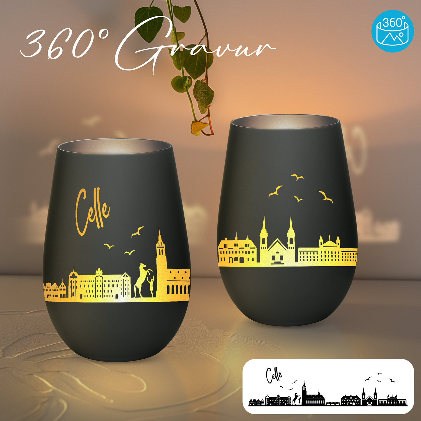 Hochwertiges Glas Windlicht mit Gravur "SKYLINE CELLE" in der Farbe Schwarz/Silber