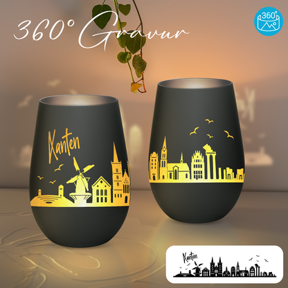 Hochwertiges Glas Windlicht mit Gravur "SKYLINE XANTEN" in der Farbe Schwarz/Silber