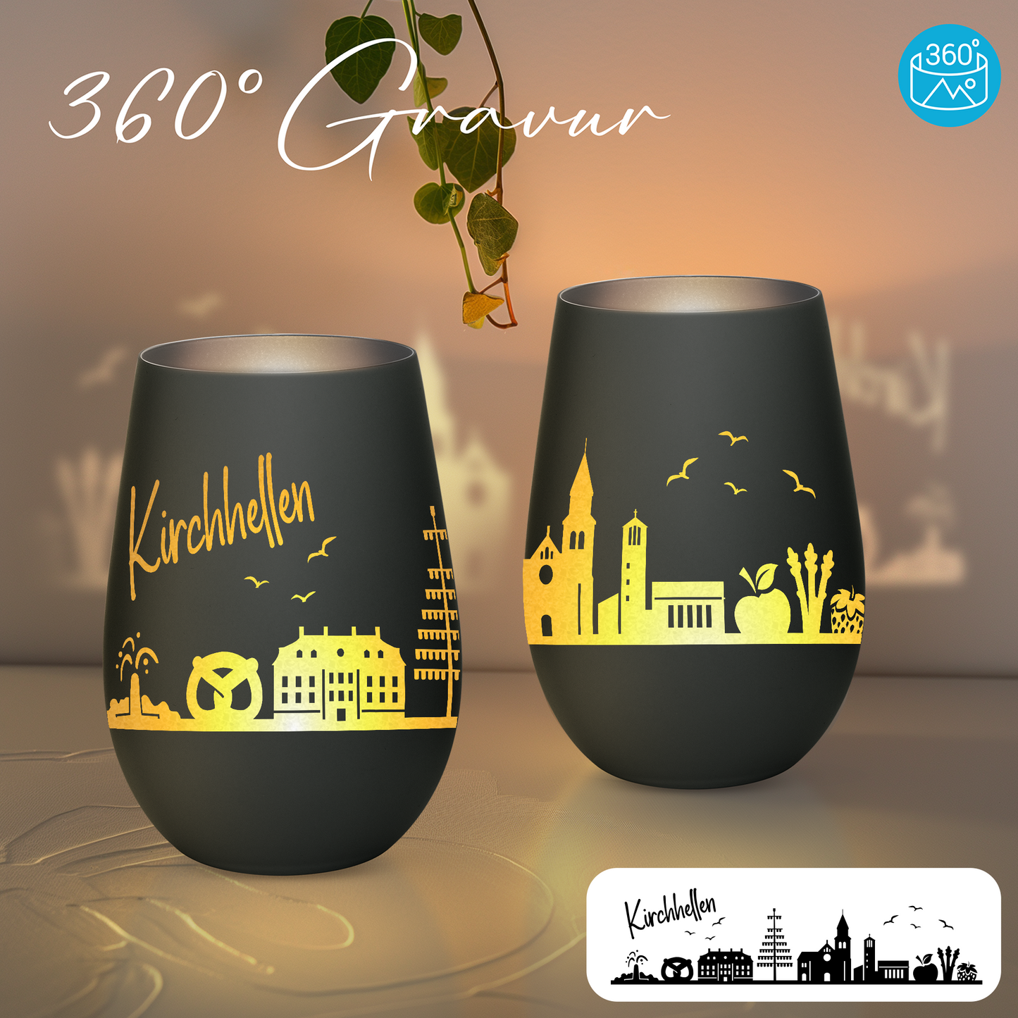 Hochwertiges Glas Windlicht mit Gravur "SKYLINE KIRCHHELLEN" in der Farbe Schwarz/Silber