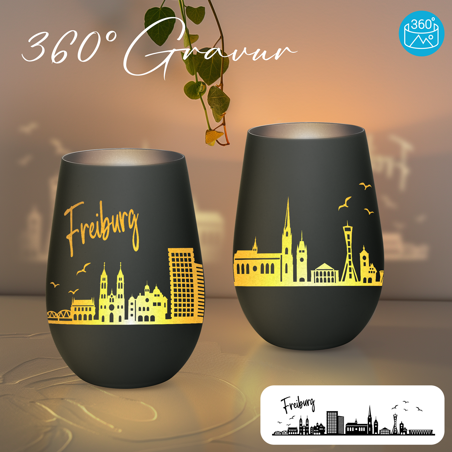 Hochwertiges Glas Windlicht mit Gravur "SKYLINE FREIBURG" in der Farbe Schwarz/Silber