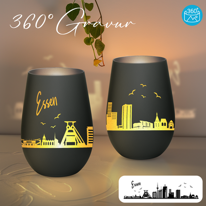 Hochwertiges Glas Windlicht mit Gravur "SKYLINE ESSEN" in der Farbe Schwarz/Silber